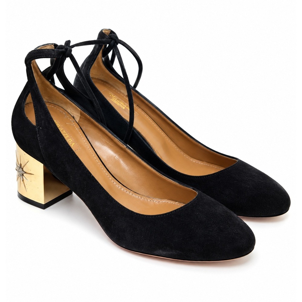 Aquazzura Firenze Black Suede Lace Up Star Block Heel Pumps EU 37.5 US 7.5